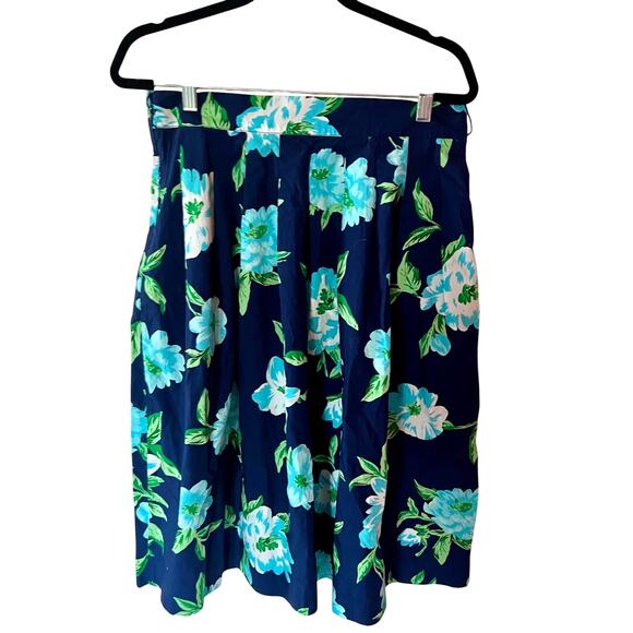 Talbots Cotton Floral Midi Skirt Navy Aqua Green SZ 8P - Picture 2 of 6